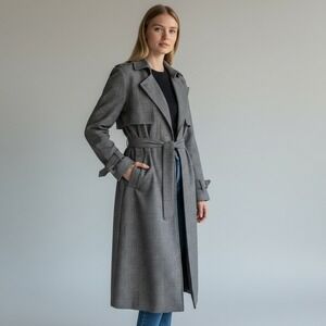 H&M Trench Coat Womens Sz 12 Houndstooth Print Belted Longline Coat Duster Style
